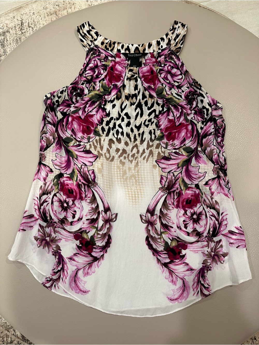 White House Black Market White Tank with Magenta Floral & Leopard Accents